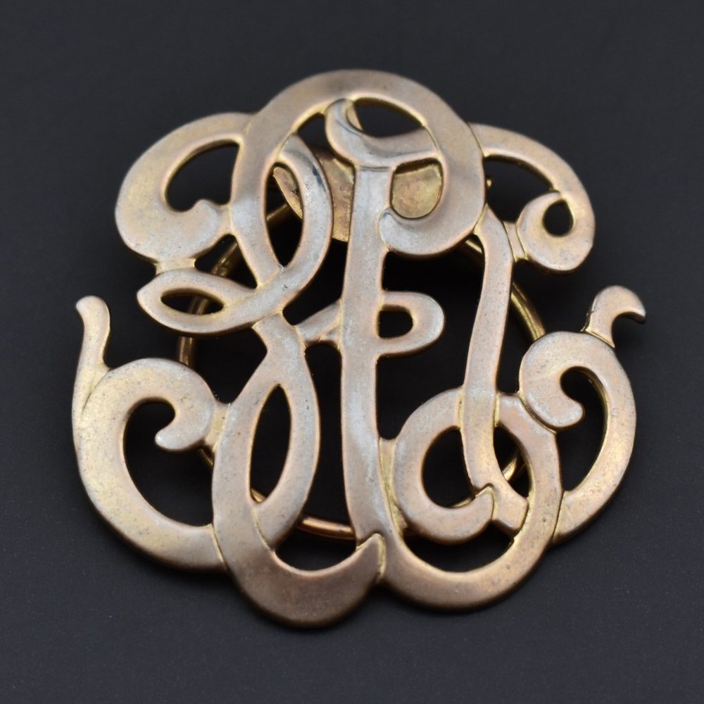 Gold monogram scarf brooch pin, vintage quirky accent brooch